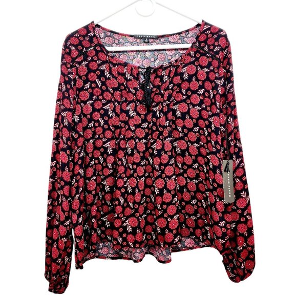 Haute Monde Floral Boho Blouse Black & Red Long Sleeve Size Small - Picture 1 of 11